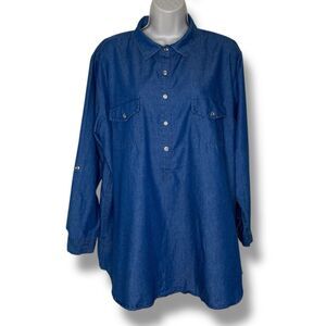 Audrey Lane Chambray Denim Popover Tunic Long Sleeve Roll Tab Cotton Women 2X